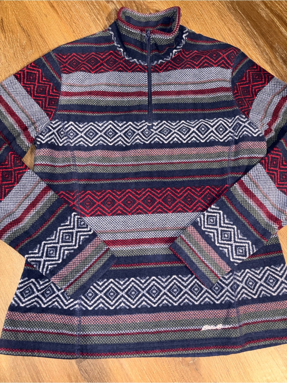 Eddie Bauer Navy & Red Striped Zip-Up Fair Isle Sweater